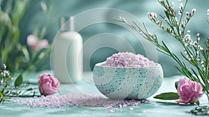 Lavender spa essentials on pastel background