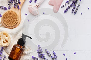Lavender spa. Lavender salt, natural essential oil and fresh lavender