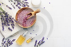 Lavender spa. Lavender salt, natural essential oil and fresh lavender