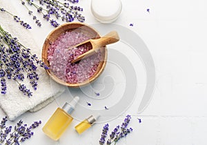 Lavender spa. Lavender salt, natural essential oil and fresh lavender