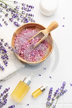 Lavender spa. Lavender salt, natural essential oil and fresh lavender