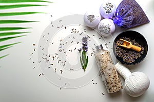 Lavender spa products flat lay on light background