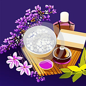 Lavender spa products on wooden tray. Vector illustration in flat style generative AI