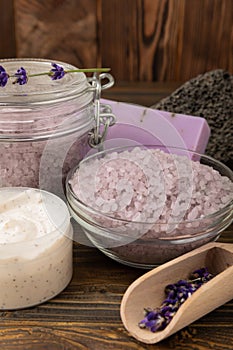 Lavender spa.Sea salt,lavender flowers,aroma candle,body cream and handmade soap