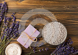 Lavender spa.Sea salt,lavender flowers,aroma candle,body cream and handmade soap