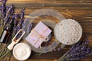 Lavender spa.Sea salt,lavender flowers,aroma candle,body cream and handmade soap