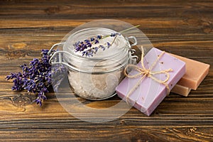 Lavender spa.Sea salt,lavender flowers,aroma candle,body cream and handmade soap