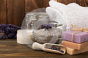 Lavender spa.Sea salt,lavender flowers,aroma candle,body cream and handmade soap
