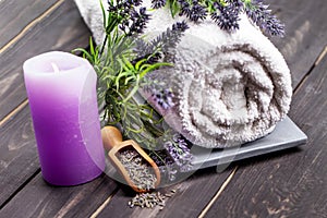 Lavender spa setting. Wellness theme with lavender