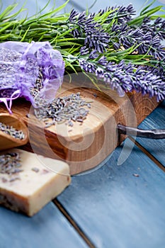 Lavender spa setting. Wellness theme with lavender products.