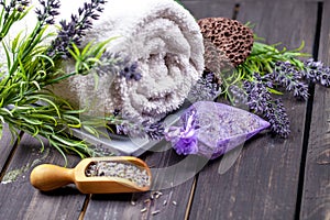 Lavender spa setting. Wellness theme with lavender products.