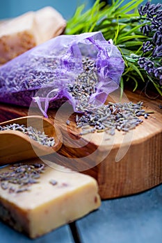 Lavender spa setting. Wellness theme with lavender products.