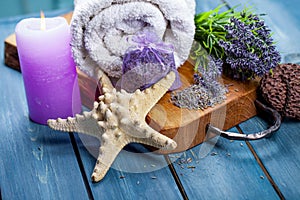 Lavender spa setting. Wellness theme with lavender products.