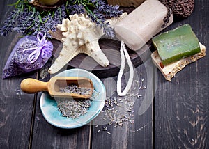 Lavender spa setting. Wellness theme with lavender products.