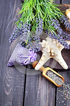 Lavender spa setting. Wellness theme with lavender products.