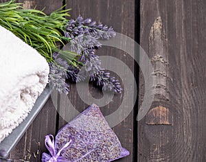 Lavender spa setting. Wellness theme with lavender products.