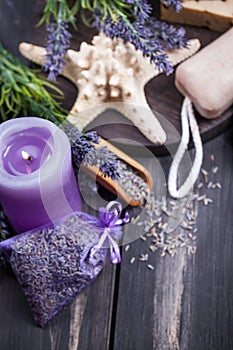 Lavender spa setting. Wellness theme with lavender products.