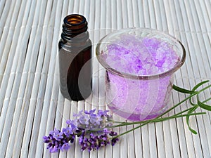 Lavender sugar scrub with essential oil, calming skin care photo