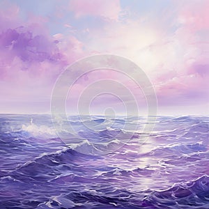 Lavender Symbolism Seascape Abstract: Realistic Ocean Painting With Soft Purple Clouds