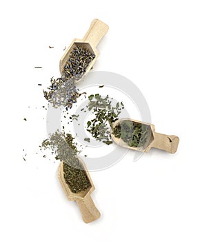 Lavender, thyme and mint on wooden spoons and in bulk. Healthy herbs. Healthy diet