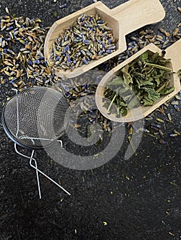 Lavender, thyme and mint on wooden spoons and in bulk. Healthy herbs. Healthy diet