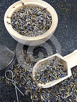 Lavender, thyme and mint on wooden spoons and in bulk. Healthy herbs. Healthy diet