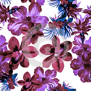 Lavender Watercolor Print. Blue Flower Plant. Pink Seamless Leaf. Red Hibiscus Foliage. Pattern Print.Tropical Garden. Fashion Pal