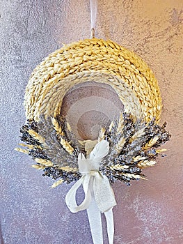 Lavender Wheat Wreath, white feathers, rustic country decoration