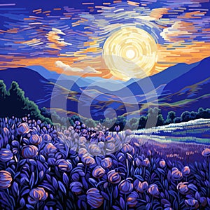 Lavender Whispers Coloring the Mountain Air. The Sun\'s Farewell Kiss on a Pastoral Landscape of Purple Hues.