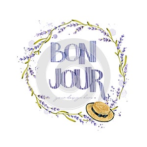 Lavender wreath with bon jour lettering watercolor clipart