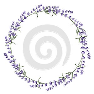 Lavender Wreath. Hand drawn watercolor floral circle Frame on white isolated background. Illustration of Lavandula