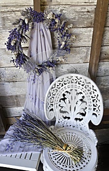 Lavender Wreath with white wrought iron chair and dried lavender