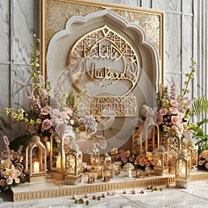 lavish 3D Eid Mubarak backdrop, where the centerpiece is the text Eid Mubarak