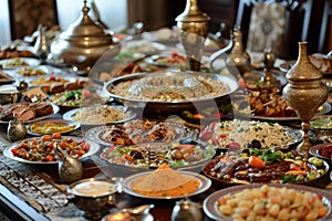 Lavish Arabian dish table. Generate Ai