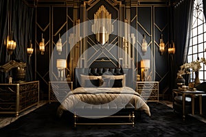 a lavish art deco bedroom with a gold and black color scheme