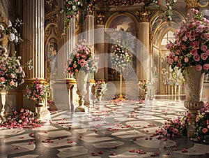 A lavish baroque interior with geometric marble floors, vases of blooming flowers on every table, and petals strewn across