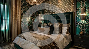 A lavish bedroom with a statement wall covered in a rich emerald green velvet featuring a large decostyle geometric