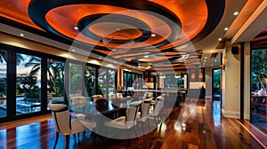 A lavish dining room with a statement ceiling adorned with a mesmerizing design of overlapping circles in different