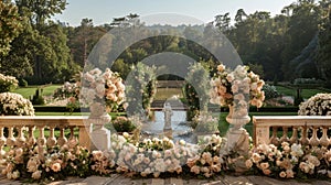 A lavish display of champagne roses adorns an ornate podium evoking a sense of sophistication and luxury. The backdrop