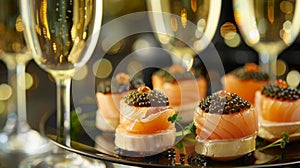 A lavish display of delicate salmon gravlax rich caviar and perfectly cooked scallops surrounded by towering flutes of