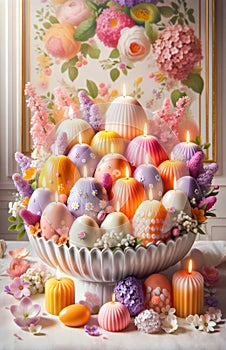 Lavish Easter Candle Arrangement in Floral and Egg Motifs. Celebration spring holiday Easter, Spring Equinox day, Ostara Sabbat