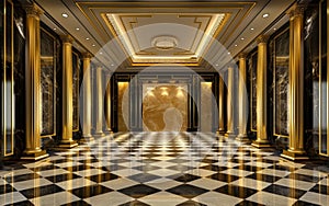 A lavish entryway featuring towering gilded columns, opulent wall panels, and an intricate, reflective marble floor