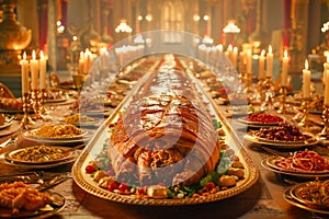 Lavish Feast Banquet Table Setting with Succulent Roasted Pork Centerpiece, Elegant Dining Room Decor, Grandiose Candlelight