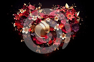 A lavish heart composed of diverse richly colored flowers and elegant golden details. Love concept