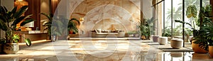 Lavish hotel lobby with marble floors lush plants