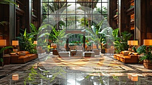 Lavish hotel lobby with marble floors lush plants