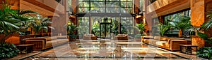 Lavish hotel lobby with marble floors lush plants