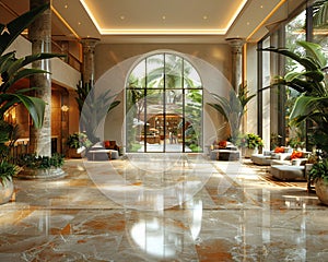 Lavish hotel lobby with marble floors lush plants