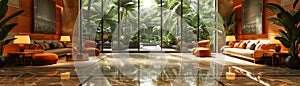 Lavish hotel lobby with marble floors lush plants