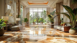 Lavish hotel lobby with marble floors lush plants